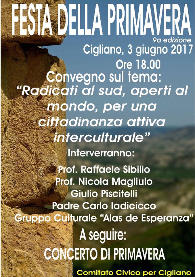 Festa della Primavera a Cigliano. Sabato 3 giugno, convegno sul tema “Radicati al Sud” e concerto