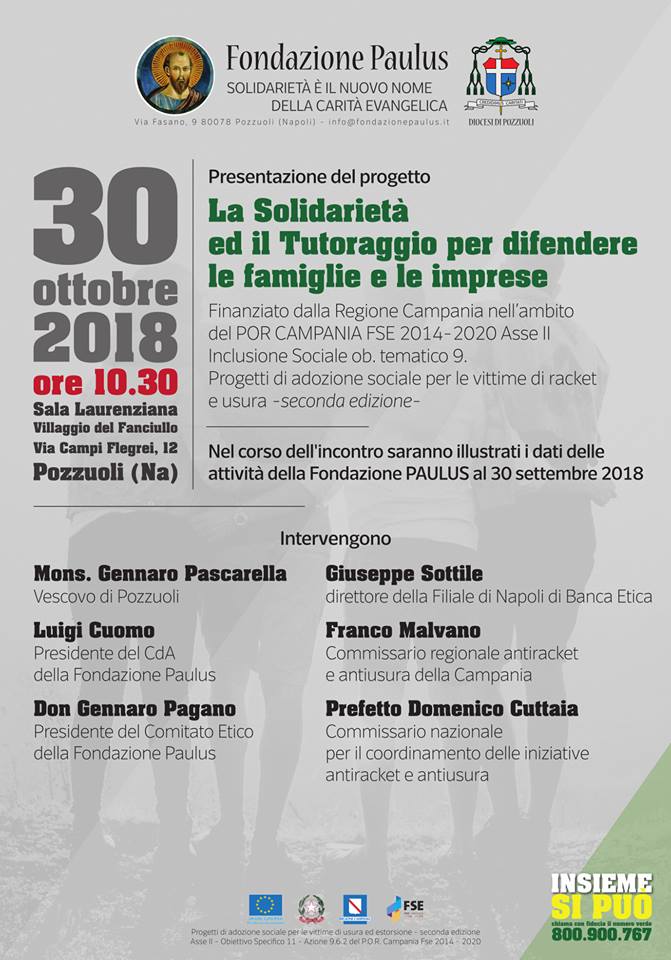 Convegno su “Solidarietà e tutoraggio per difendere famiglie e imprese”, martedì 30 ottobre a Pozzuoli
